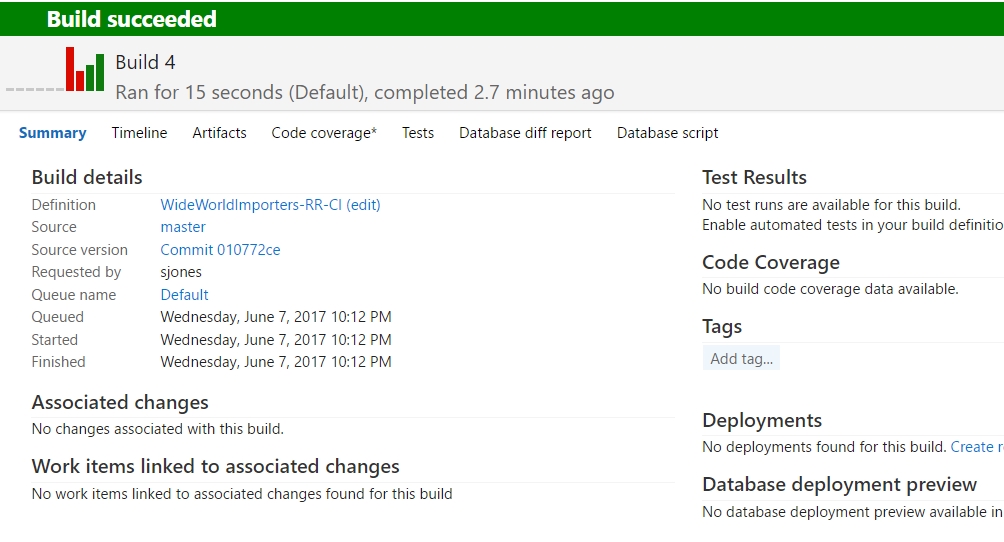 A green bar at the top displays "Build Succeeded." On the Summary tab, build summary details display.